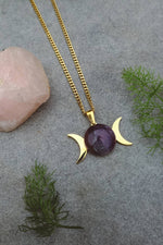 Load image into Gallery viewer, Amethyst Triple Moon Pendant Necklace - Gold
