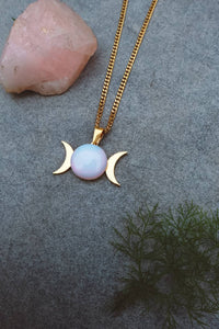 Opalite Triple Moon Pendant Necklace - Gold