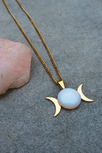 Opalite Triple Moon Pendant Necklace - Gold