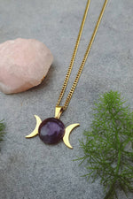 Load image into Gallery viewer, Amethyst Triple Moon Pendant Necklace Gold

