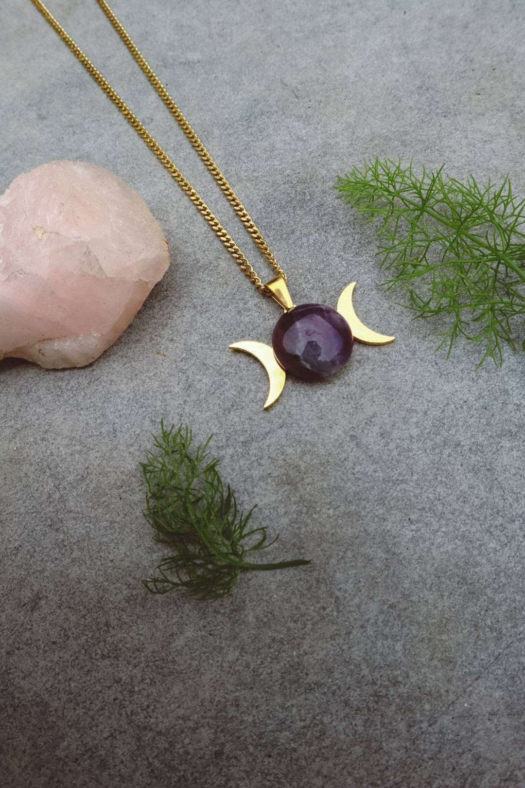 Amethyst Triple Moon Pendant Necklace - Gold
