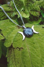 Load image into Gallery viewer, triple moon goddess necklace, triple moon necklace, larvikite necklace silver, triple moon silver necklace, waterproof necklace, hypoallergenic necklace, gemstone moon pendant
