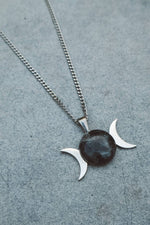 Load image into Gallery viewer, triple moon goddess necklace, triple moon necklace, larvikite necklace silver, triple moon silver necklace, waterproof necklace, hypoallergenic necklace, gemstone moon pendant
