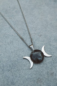 triple moon goddess necklace, triple moon necklace, larvikite necklace silver, triple moon silver necklace, waterproof necklace, hypoallergenic necklace, gemstone moon pendant