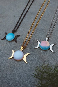 Opalite Triple Moon Pendant Necklace - Gold