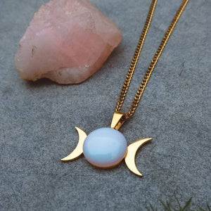 Opalite Triple Moon Pendant Necklace - Gold
