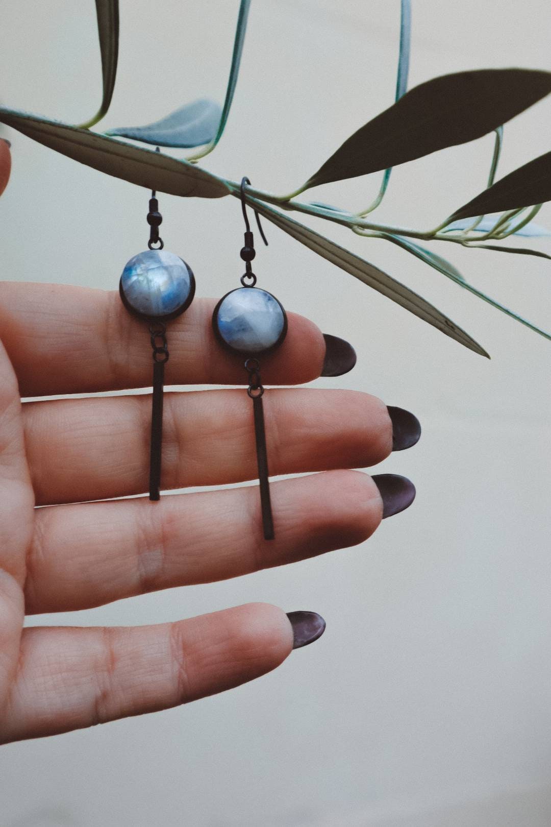 Rainbow Moonstone Dangling Earrings - Black Stainless Steel