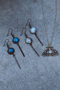 Rainbow Moonstone Dangling Earrings - Black Stainless Steel