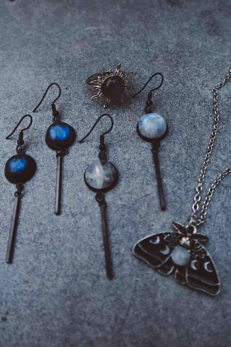 Rainbow Moonstone Dangling Earrings - Black Stainless Steel