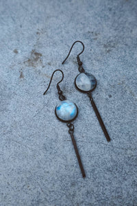 Rainbow Moonstone Dangling Earrings - Black Stainless Steel
