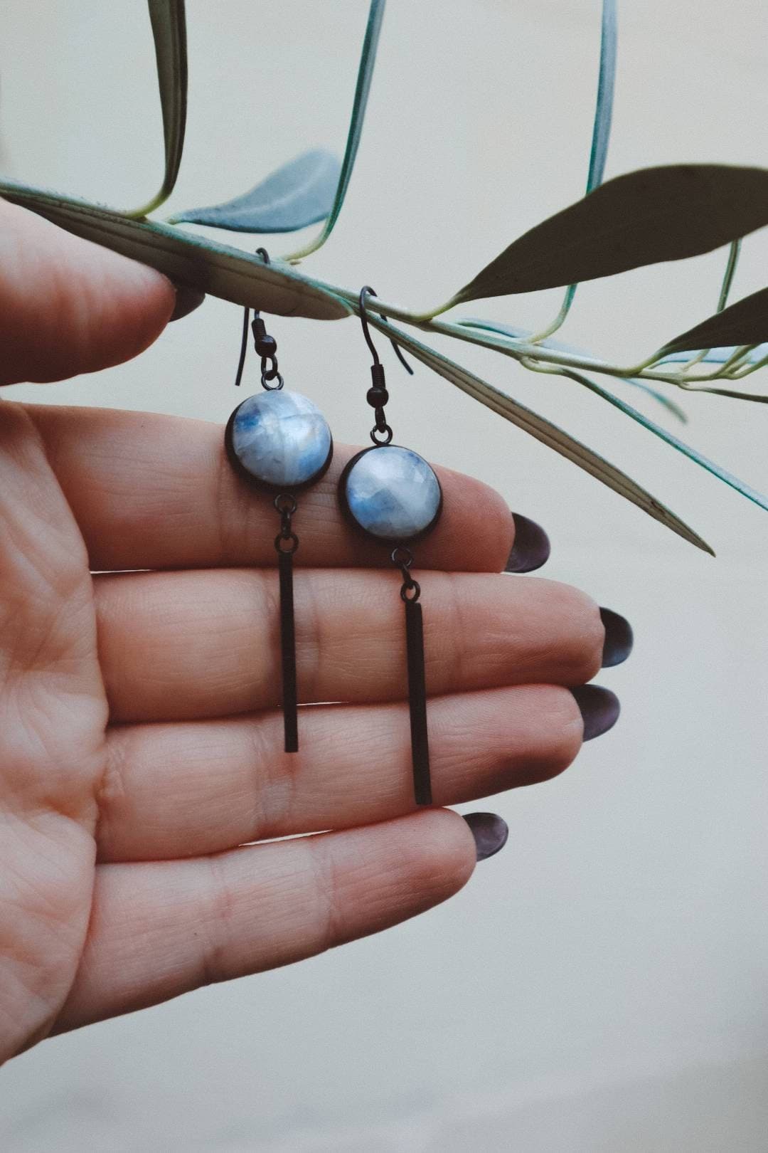 Rainbow Moonstone Dangling Earrings - Black Stainless Steel