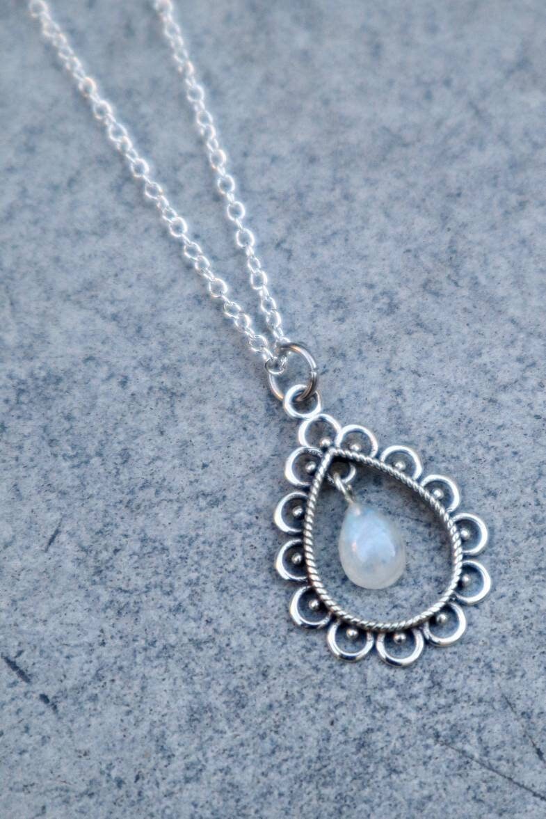 Moonstone Drop - 925 Sterling Silver Rainbow Moonstone Pendant Necklace - Pear Crystal Necklace - Crystal Jewelry - Teardrop Shaped Necklace