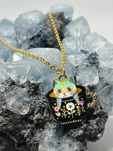 Cat in a cup pendant necklace