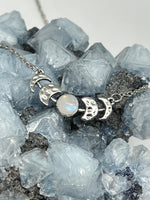 Load image into Gallery viewer, Rainbow Moonstone Moon Phases Necklace - Silver - Triple Moon Goddess Necklace - Celestial Jewelry - Celestial Necklace - June Birthstone
