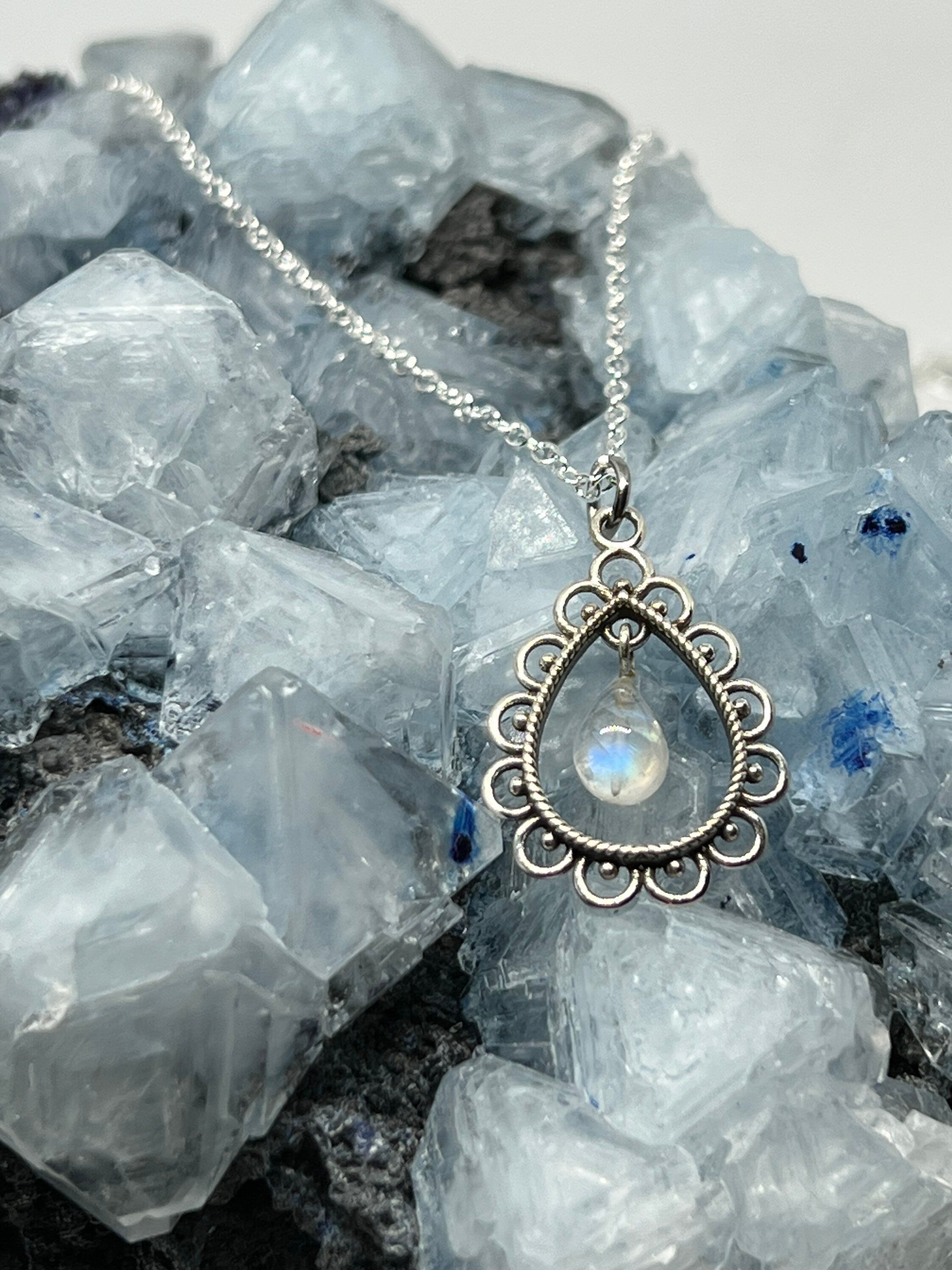 Moonstone Drop - 925 Sterling Silver Rainbow Moonstone Pendant Necklace - Pear Crystal Necklace - Crystal Jewelry - Teardrop Shaped Necklace