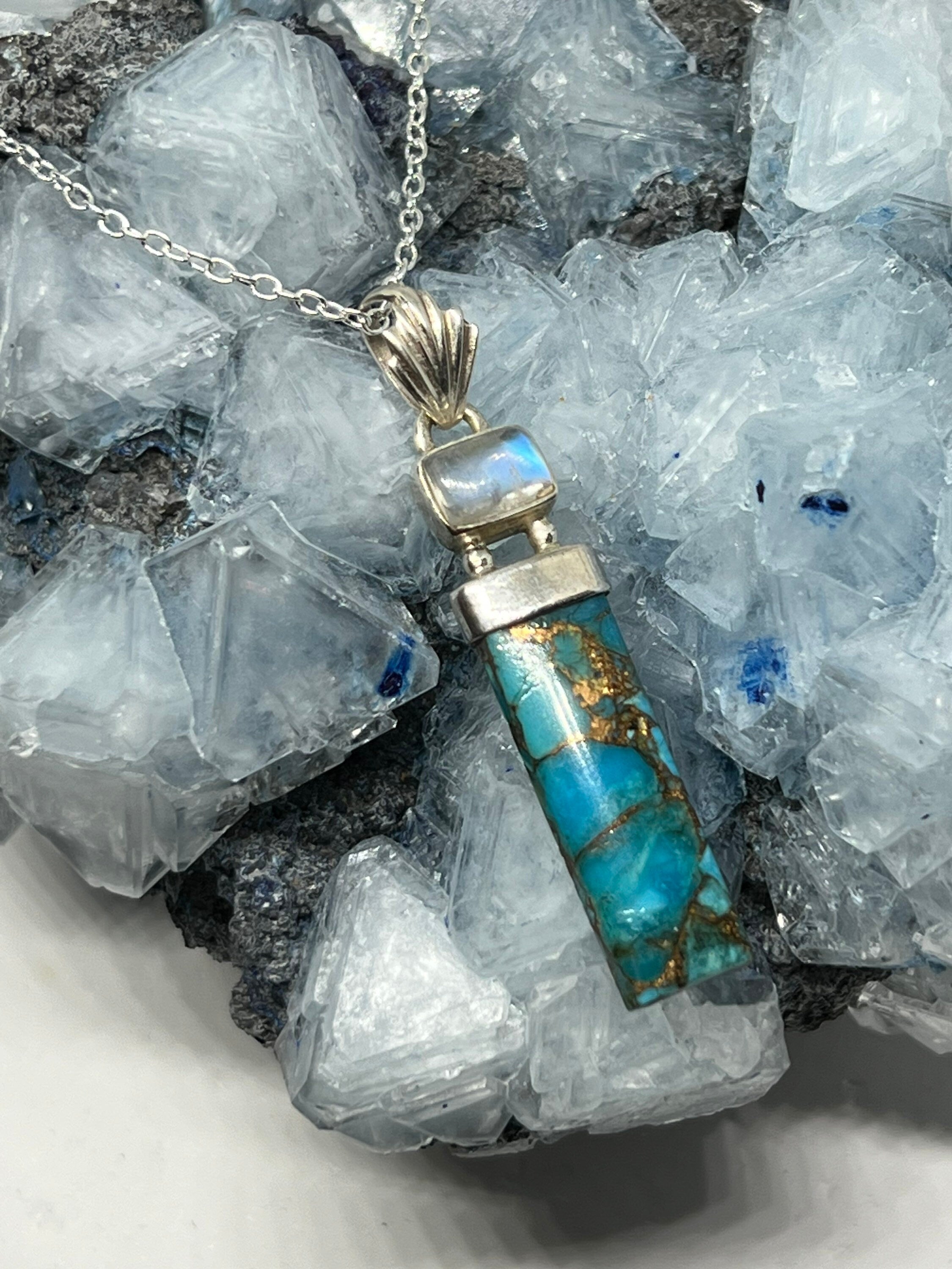 Turquoise Copper X Moonstone Pendant Necklace - 925 Silver
