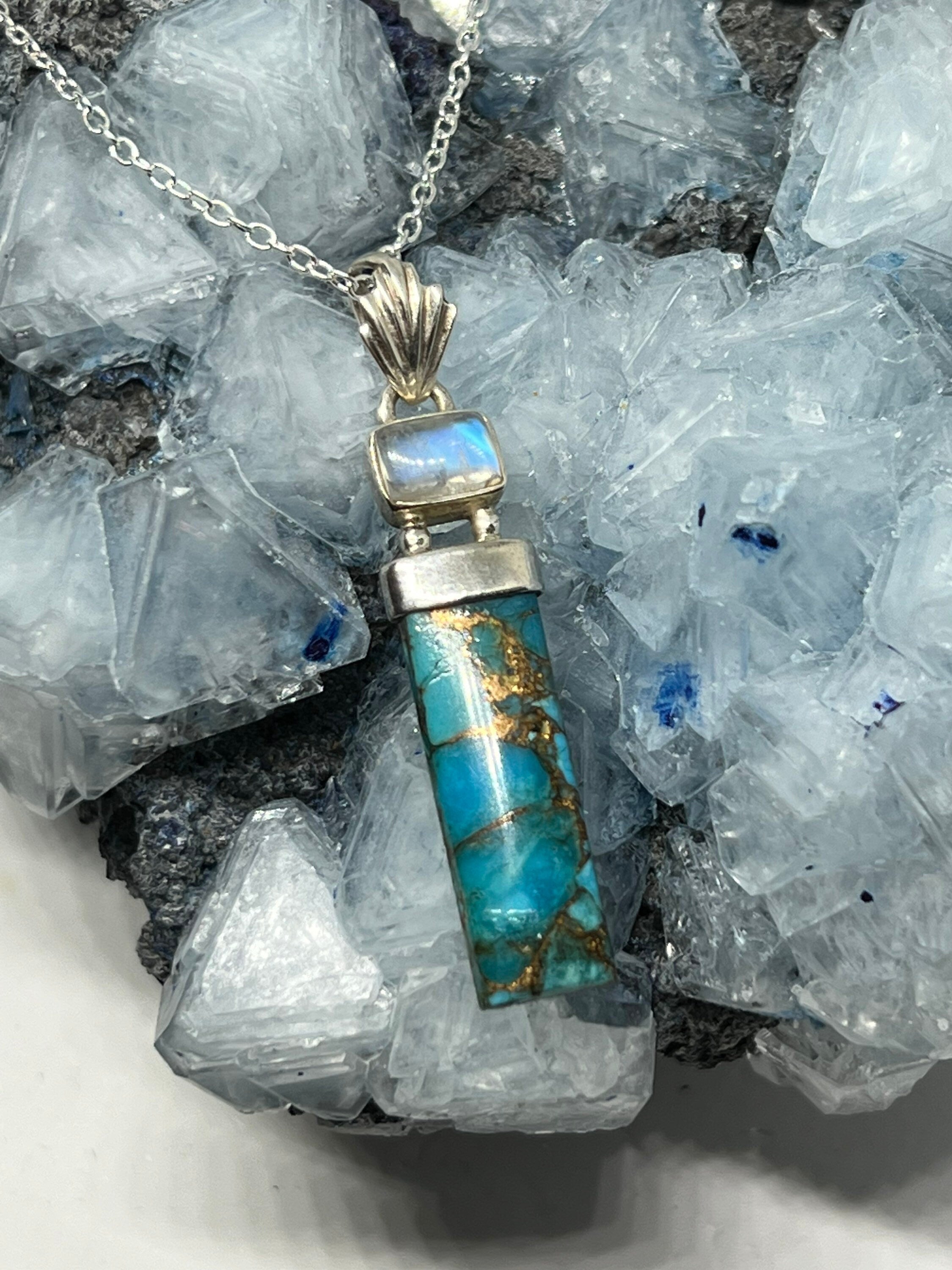 Turquoise Copper X Moonstone Pendant Necklace - 925 Silver