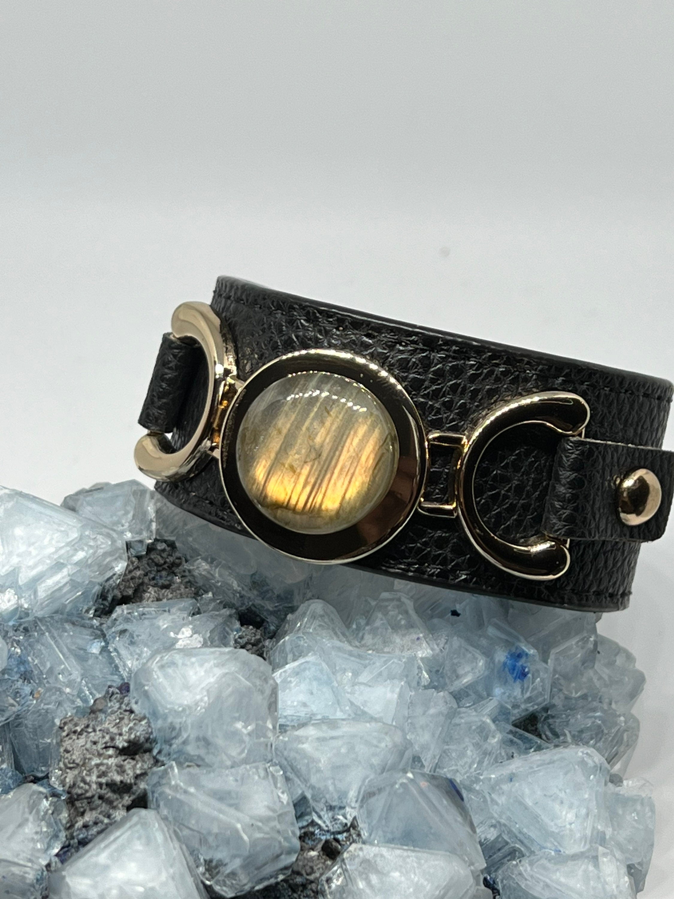 Labradorite Cuff Bracelet - Black/Gold