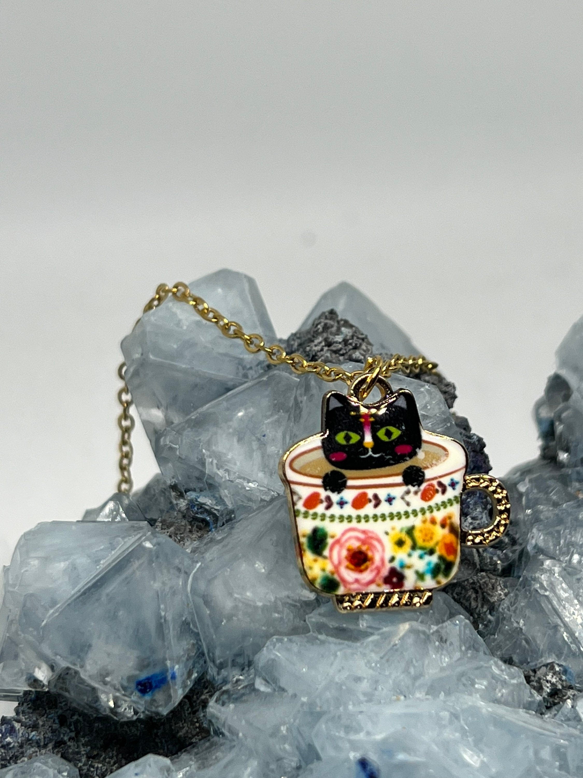 Cat in a cup pendant necklace