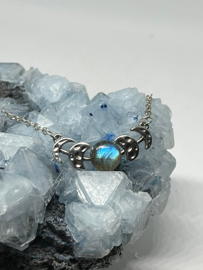 MOON PHASES Rainbow Moonstone Necklace Silver