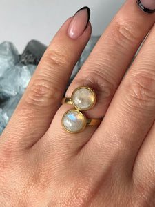 Double White Rainbow Moonstone Ring - Gold