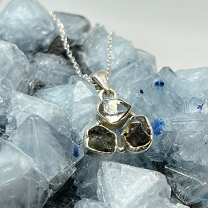 Natural Czech Moldavite X Herkimer Diamond X Meteorite Pendant Necklace - 925 Silver