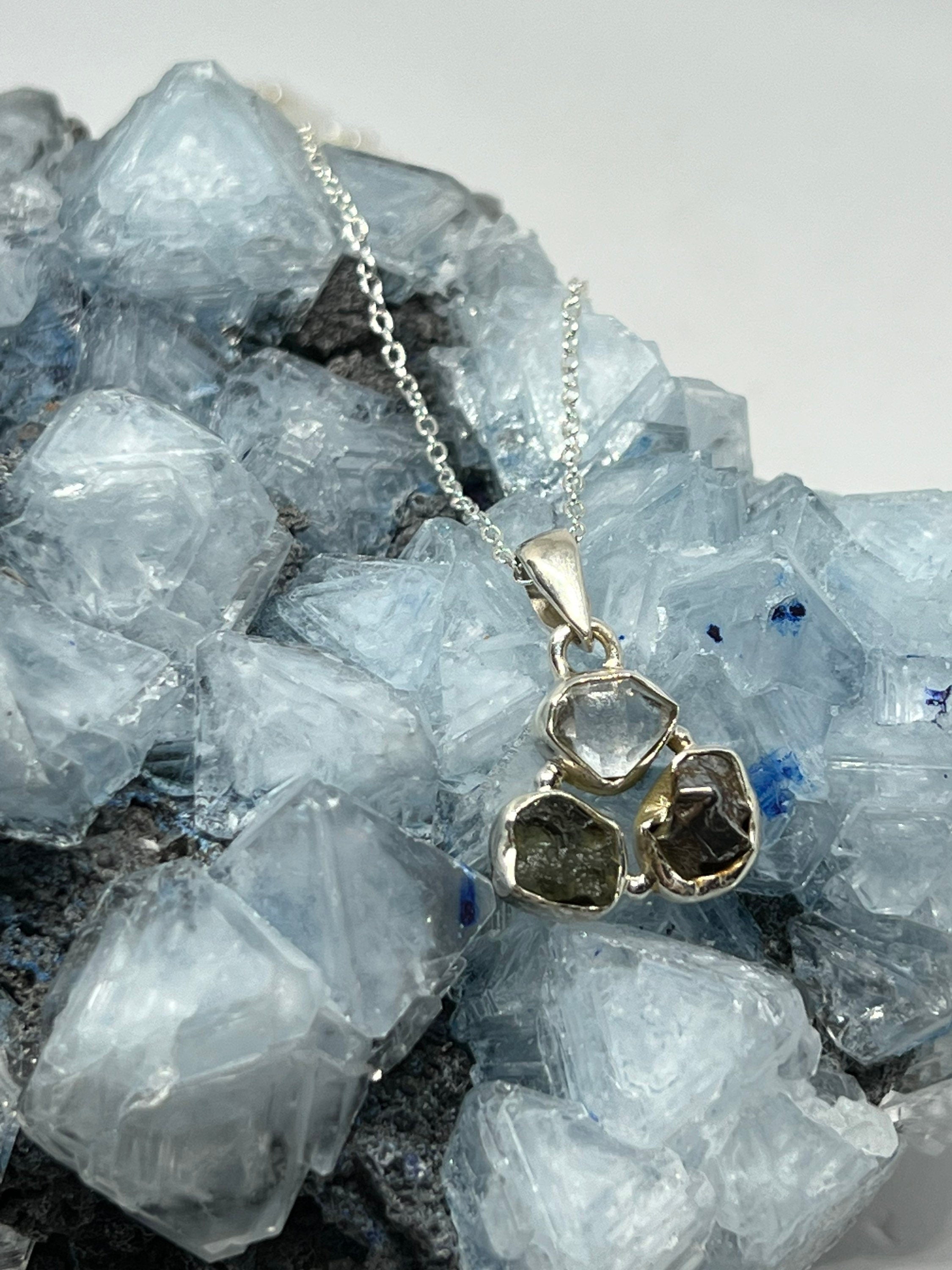 Natural Czech Moldavite X Herkimer Diamond X Meteorite Pendant Necklace - 925 Silver