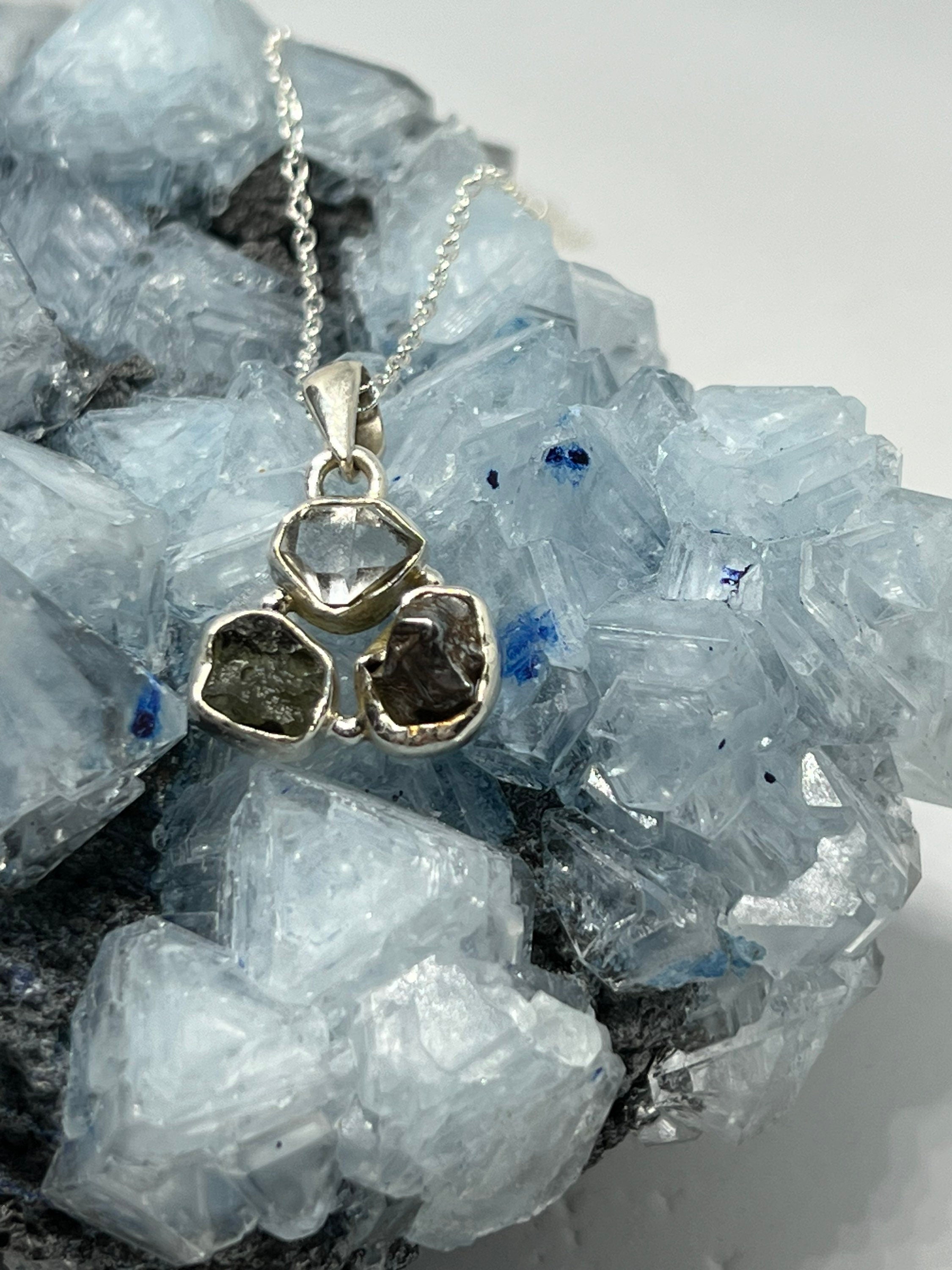 Natural Czech Moldavite, Herkimer Diamond and Meteorite Pendant Necklace 925 Silver