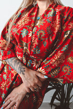 Load image into Gallery viewer, Red Floral Silk Kimono Vintage Style - Asoka

