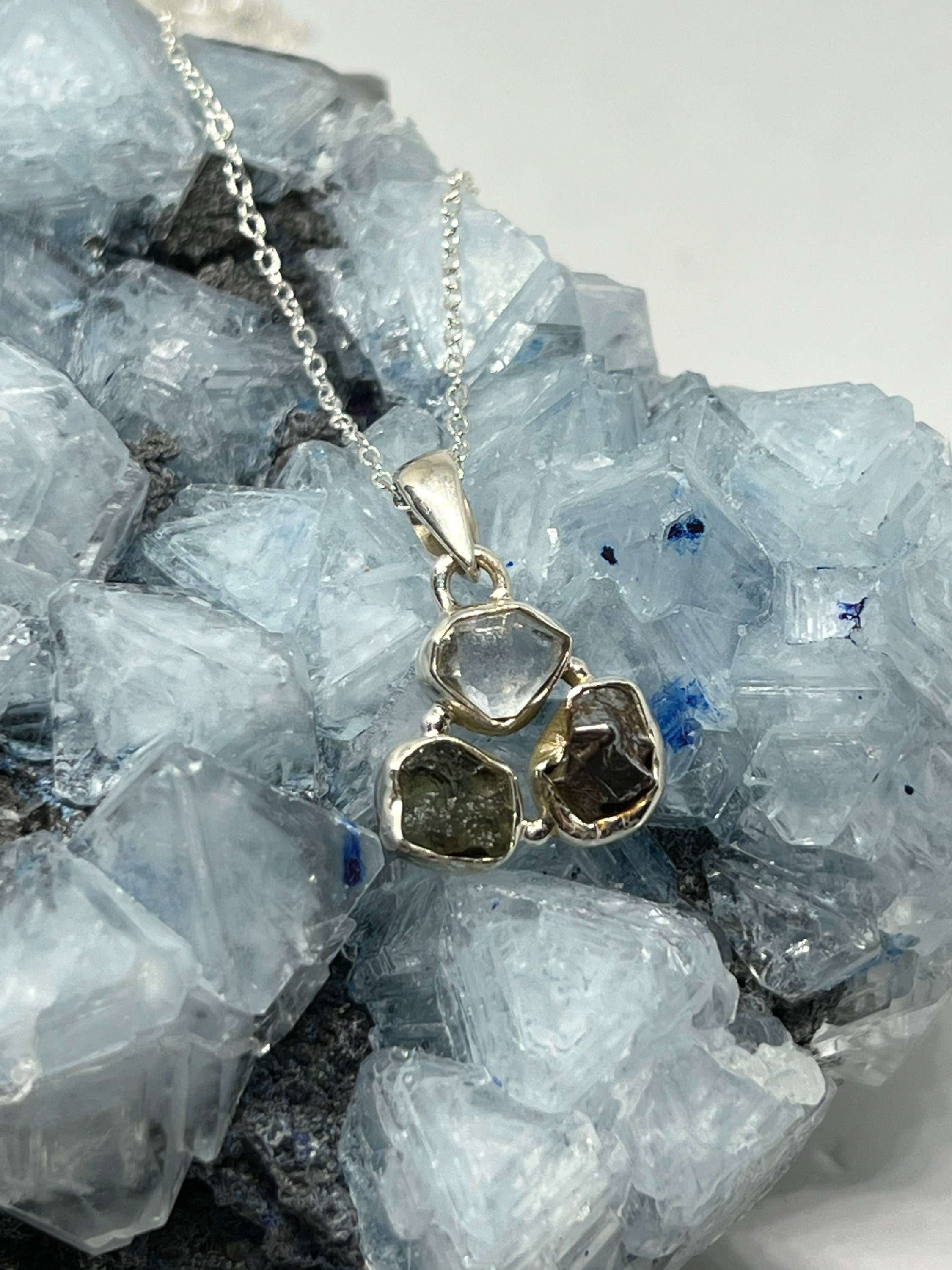 Natural Czech Moldavite, Herkimer Diamond and Meteorite Pendant Necklace 925 Silver