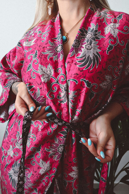 Pink Silk Kimono Floral Dress - Plumeria