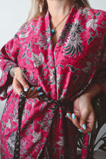 Load image into Gallery viewer, Pink Silk Kimono Floral Dress - Plumeria
