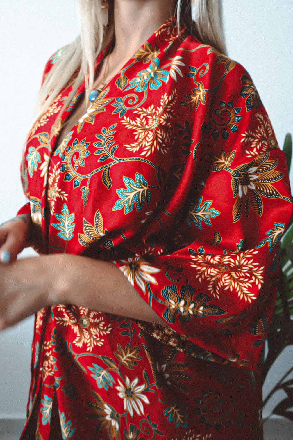Red Floral Silk Kimono Vintage Style - Asoka