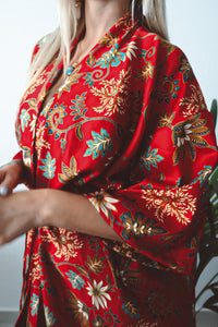 Red Floral Silk Kimono Robe - Asoka