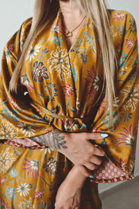 Yellow Floral Silk Kimono Robe - Marigold