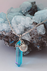 Aqua Aura Quartz Point Pendant Seashell Necklace - Silver