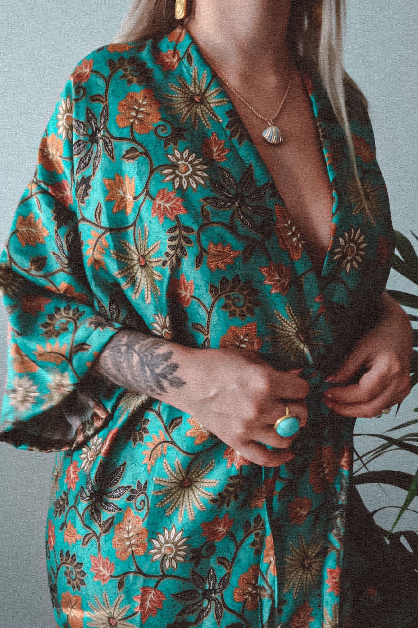 Turquoise Long Silk Floral Kimono Womens