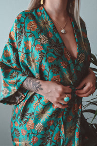 Turquoise Long Silk Kimono Womens Floral - Himalayan Poppy