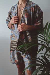 Purple Floral Silk Kimono and Shorts Set Mens - Water Lily