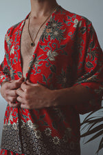 Load image into Gallery viewer, Camellia -  Red Floral Silk Kimono Shorts Set Mens

