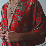 Load image into Gallery viewer, Red Floral Silk Kimono Shorts Set Mens - Camellia
