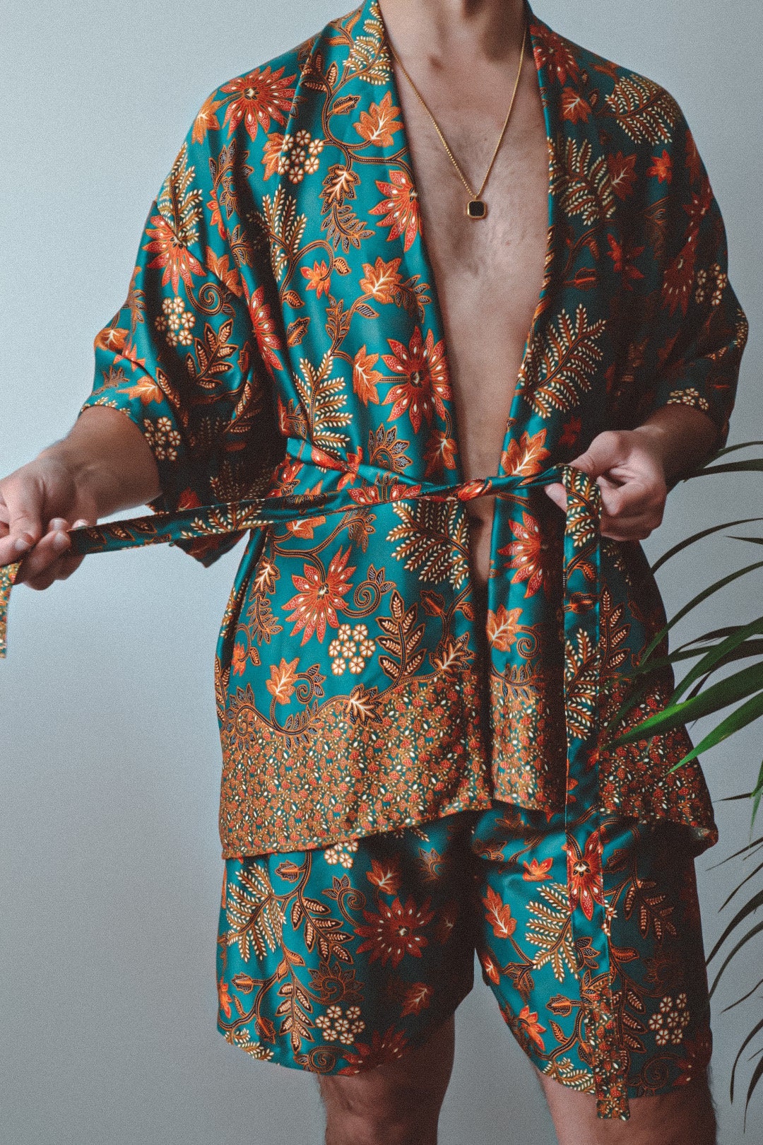 Teal Floral Silk Kimono and Shorts Set Mens - Tiger Lily