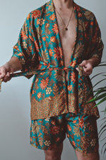 Load image into Gallery viewer, Teal Floral Silk Kimono and Shorts Set Mens - Tiger Lily
