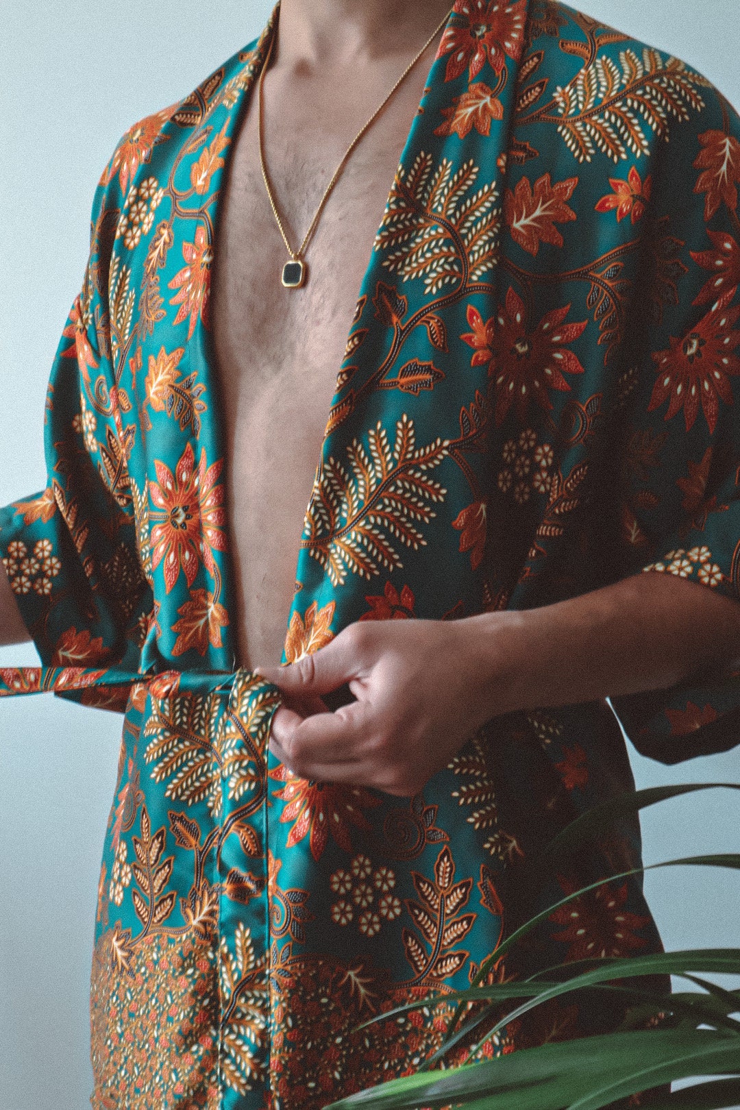 Teal Floral Silk Kimono and Shorts Set Mens - Tiger Lily