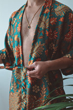 Load image into Gallery viewer, Teal Floral Silk Kimono and Shorts Set Mens - Tiger Lily
