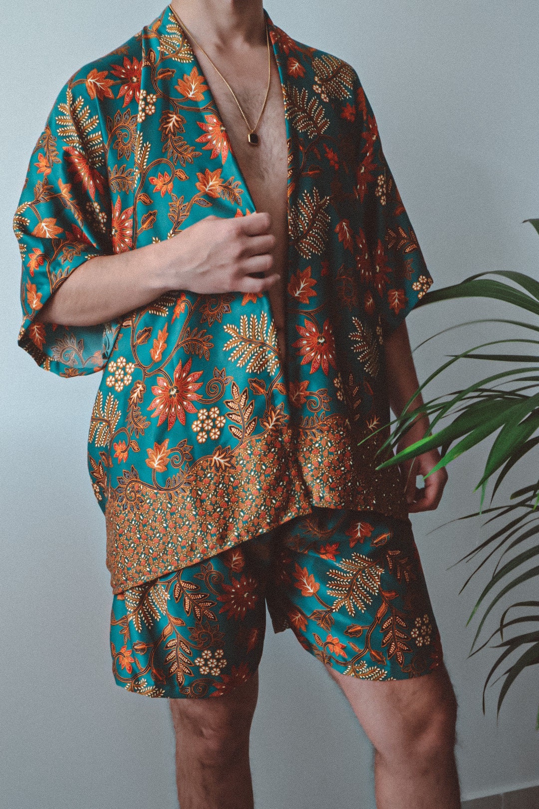 Teal Floral Silk Kimono and Shorts Set Mens - Tiger Lily