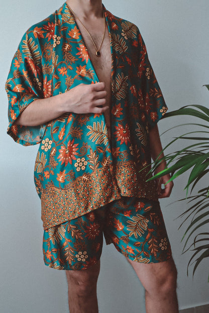 Ensemble Kimono et Short en Soie Florale Bleu Sarcelle Homme - Tiger Lily