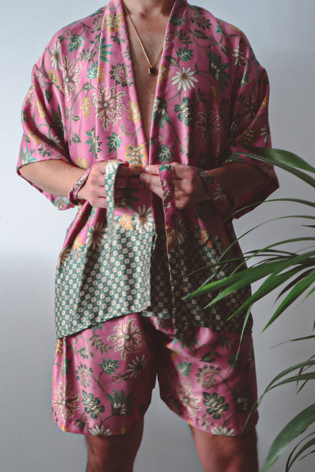 Pink Floral Silk Kimono and Shorts Set Mens - Cherry Blossom