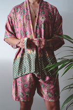 Load image into Gallery viewer, Pink Floral Silk Kimono and Shorts Set Mens - Cherry Blossom
