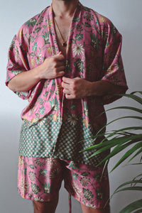 Pink Floral Silk Kimono and Shorts Set Mens - Cherry Blossom